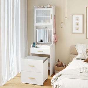 Makeup Vanity with Power Outlets and Flip-top Mirror and Storage Stool-White view 3