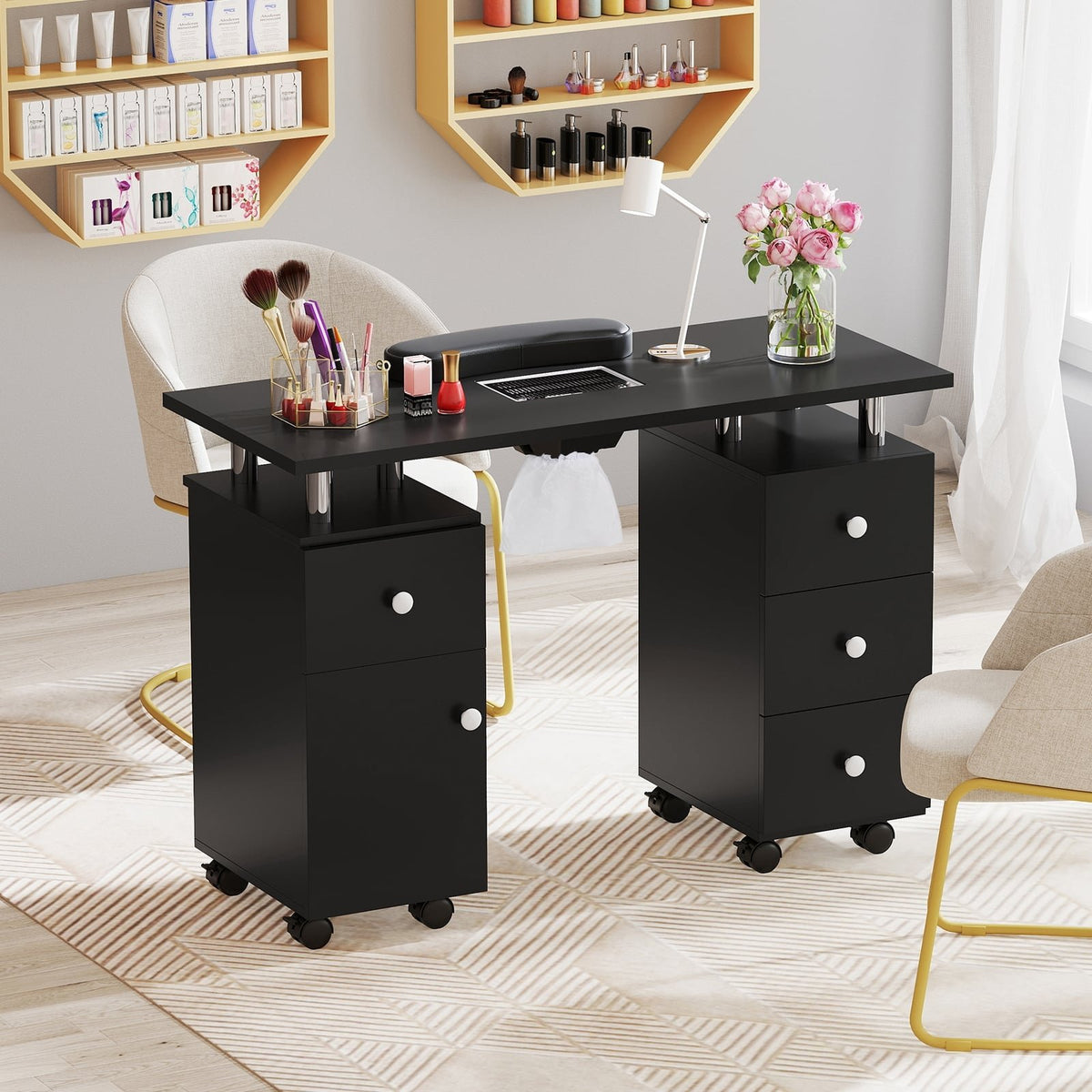 Manicure Table Nail Desk with Electric Dust Collector and 3 Dust Bags-Black view 2