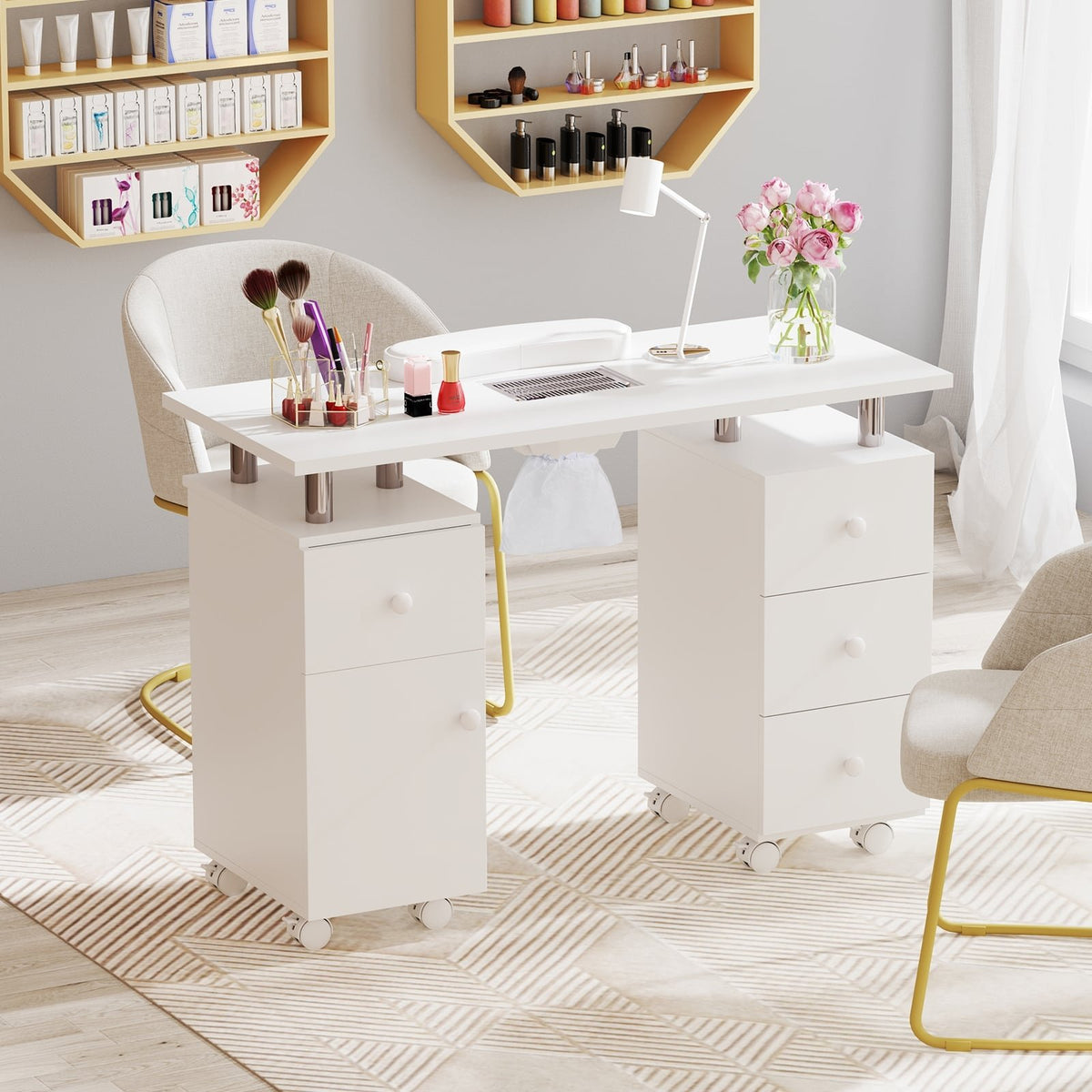 Manicure Table Nail Desk with Electric Dust Collector and 3 Dust Bags-White view 2