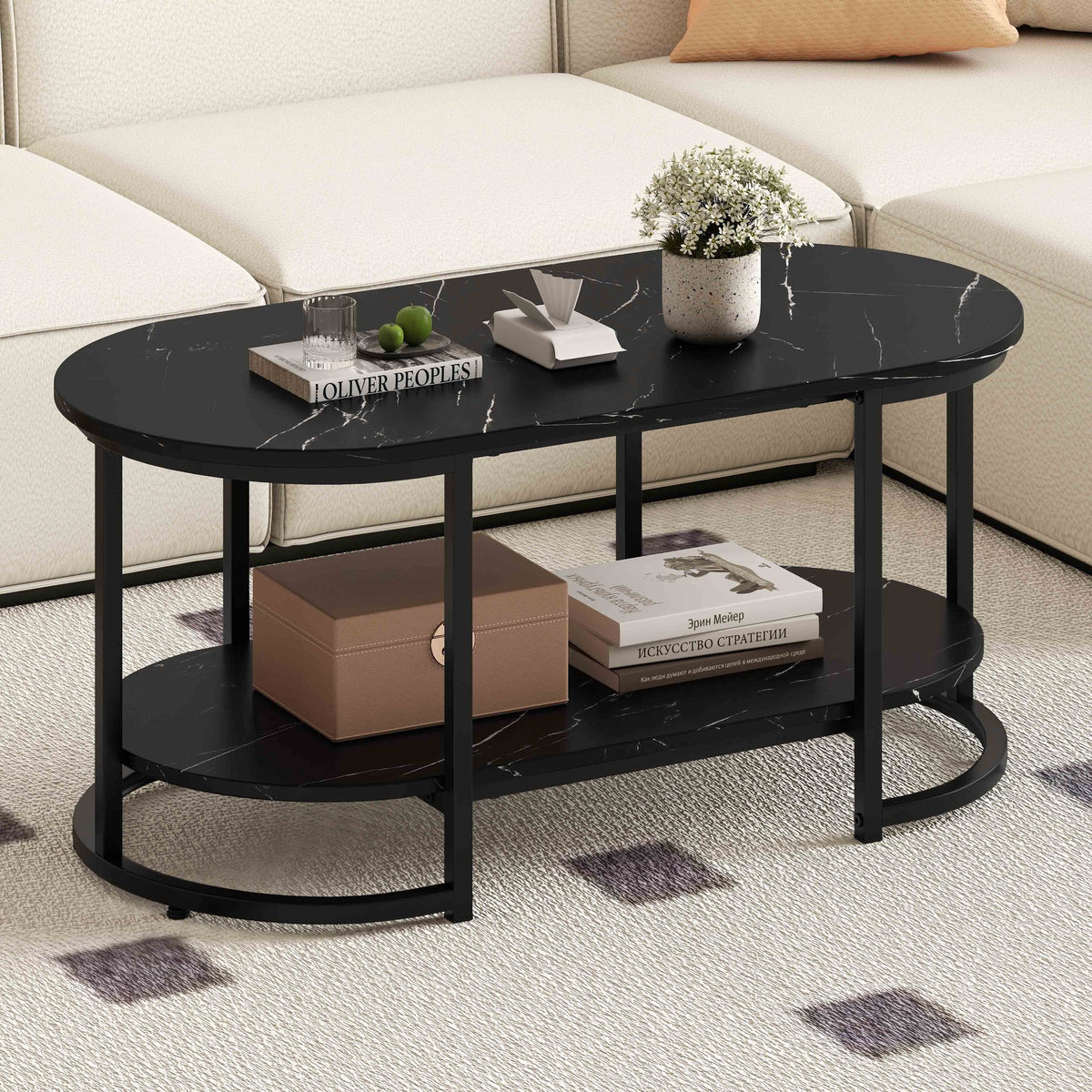 Marble Coffee Table with Open Storage Shelf-Black view 2
