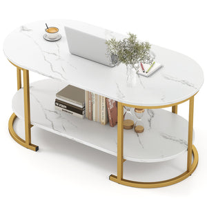 Marble Coffee Table with Open Storage Shelf-White
