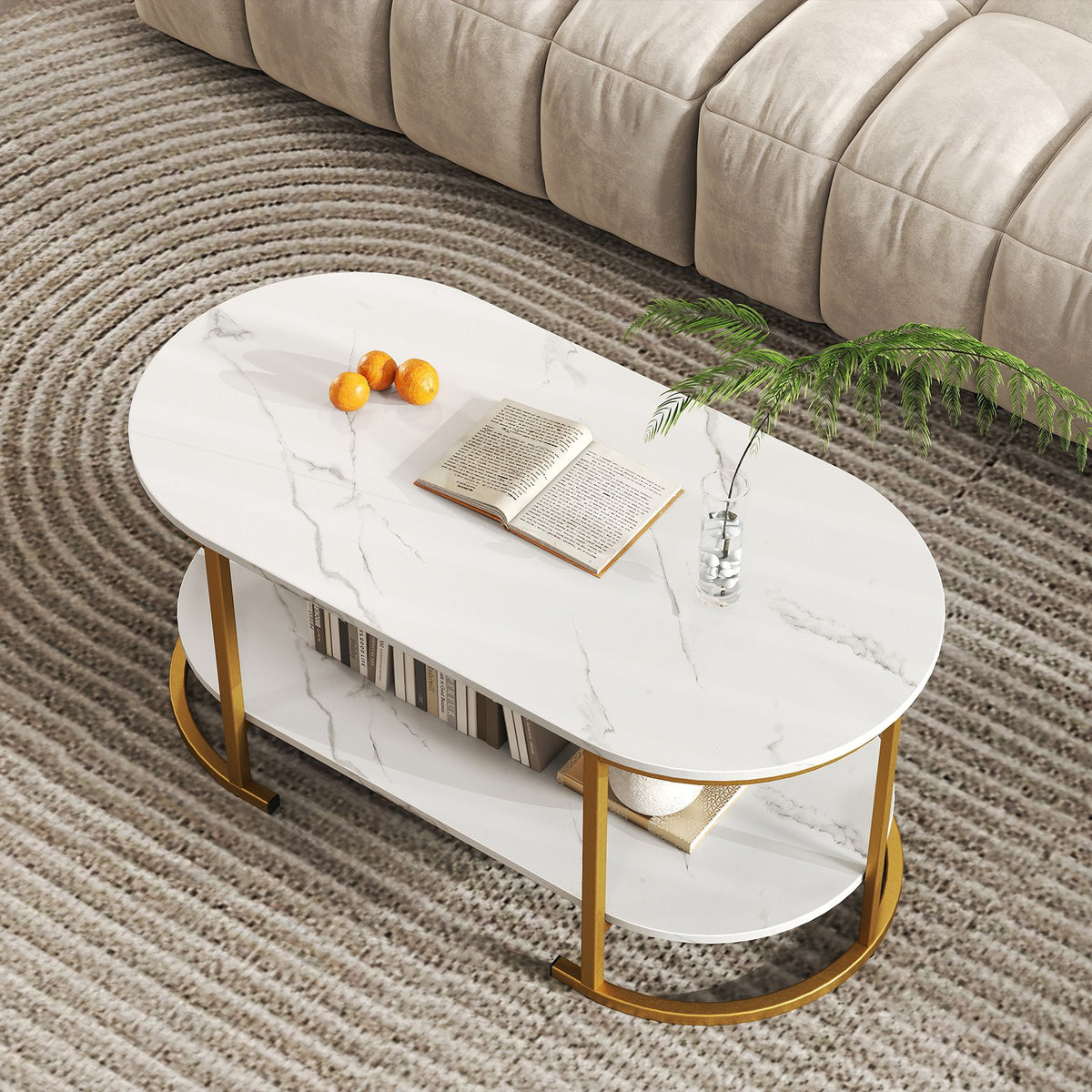 Marble Coffee Table with Open Storage Shelf-White view 2