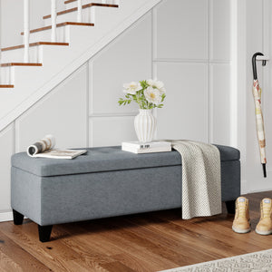 Rectangular Entry Bench, Tufted Upholstered Linen Fabric Wood Feet Storage Ottoman Bench, Beige – view 14