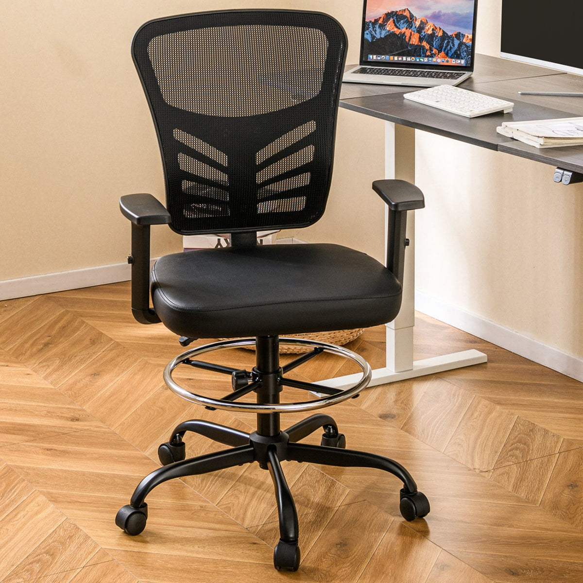 Mesh Drafting Chair Office Chair with Adjustable Armrests and Foot-Ring-Black view 2