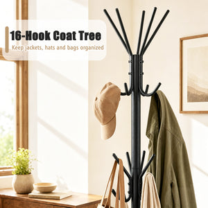 Metal Coat Rack Freestanding with 16 Hooks and 4 Legs for Entryway Office Bedroom-Black view 8