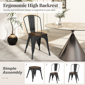 Metal Dining Chairs Set of 4 Tolix Style Stackable Kitchen Chairs with Wood Seat-Black view 6