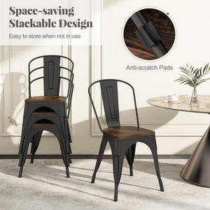 Metal Dining Chairs Set of 4 Tolix Style Stackable Kitchen Chairs with Wood Seat-Black view 7