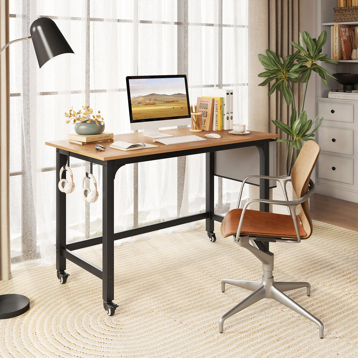 48 Inch Rolling Computer Desk with Heavy-duty Metal Frame for Home and Office-Natural view 2