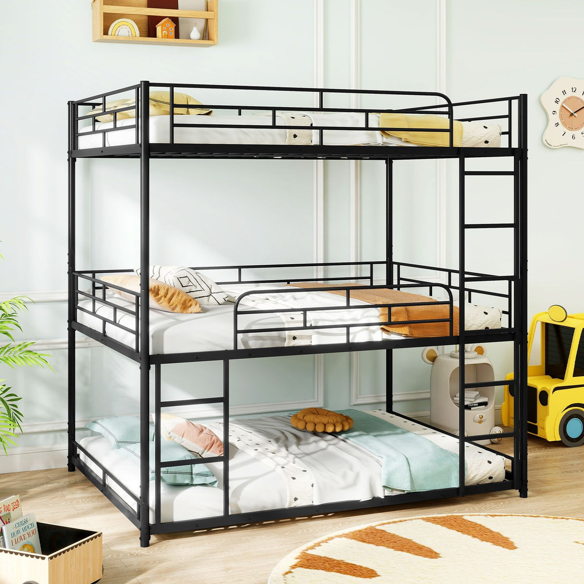 Metal Triple Bunk Bed with Safety Guardrails and 2 Ladders-Black view 2
