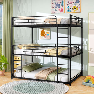 Metal Triple Bunk Bed with Safety Guardrails and 2 Ladders-Black view 7