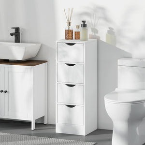 4-Drawer Bathroom Cabinet, Freestanding Narrow Storage Cabinet with Groove Handles for Small Spaces, White