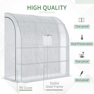 7' x 3' x 7' Outdoor Lean-to Walk-In Greenhouse w/ Roll-up Mesh Windows, Zipper Door and 3-Tier Shelves, White