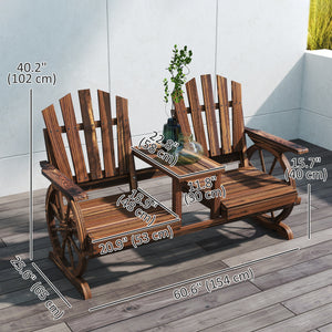 Wooden Outdoor Loveseat, Wagon Wheel Outdoor Bench with Table, Carbonized