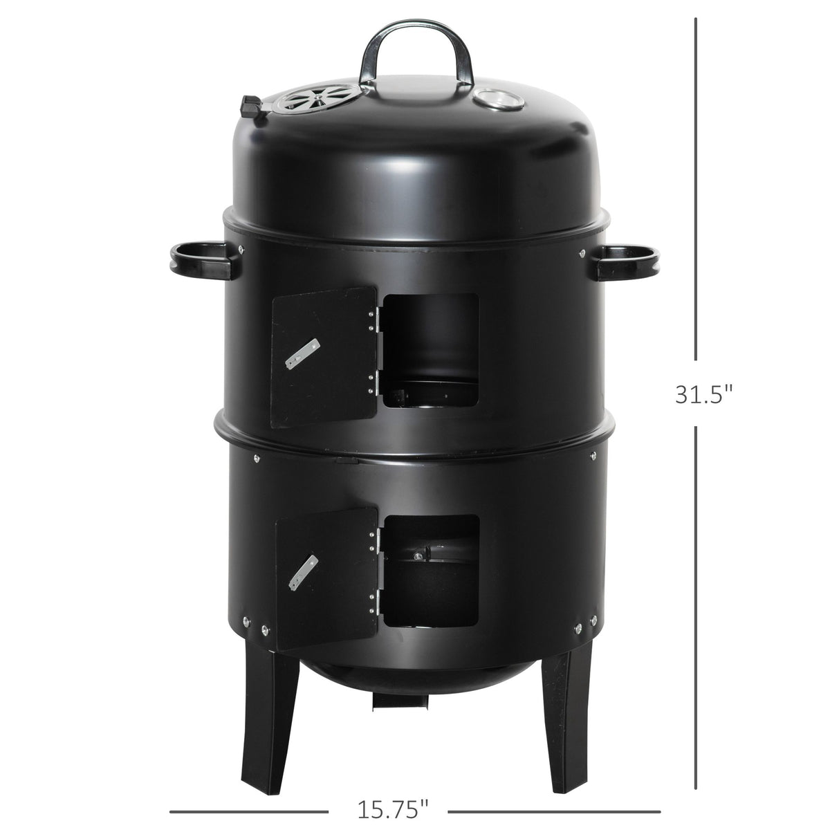3-in-1 Vertical Charcoal BBQ Smoker, 16" Round Barbecue Grill with 2 Cooking Areas and Thermometer, Black