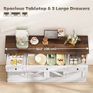 Sideboard Buffet Cabinet, 54" Farmhouse Kitchen Storage Cabinet with Acrylic Barn Doors and 3 Drawers, White Wood Grain