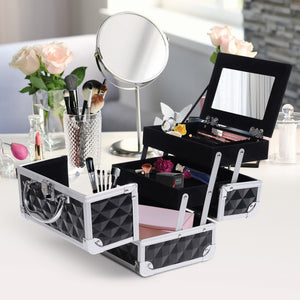 3 Tier Diamond Texture Makeup Train Case Cosmetic Organizer with Mirror, Black – view 7