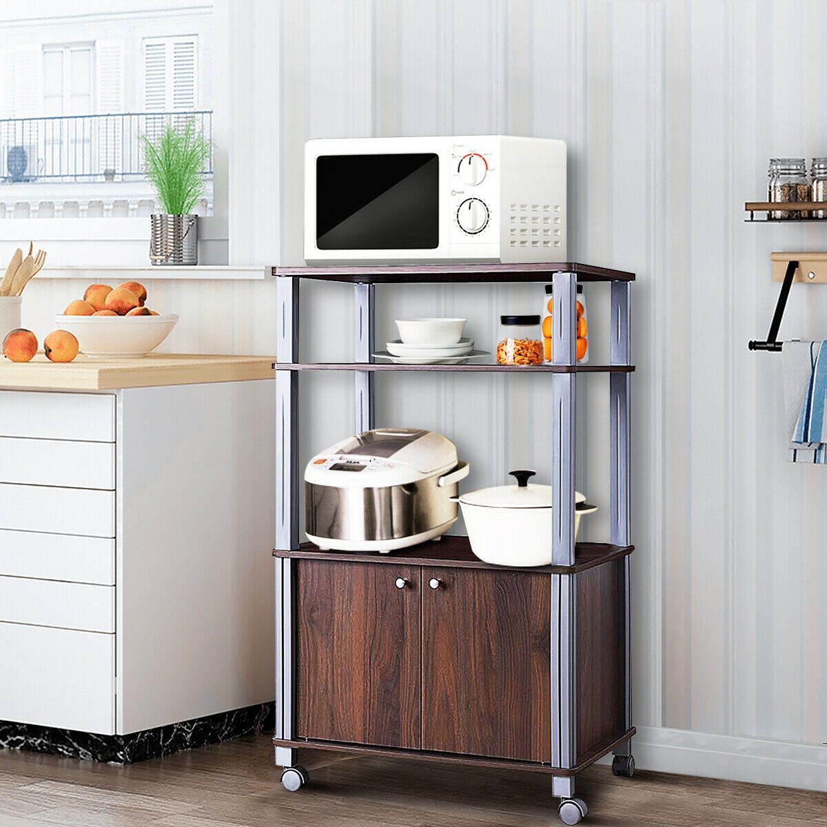 Microwave Rack Stand Rolling Storage Cart-Walnut view 2