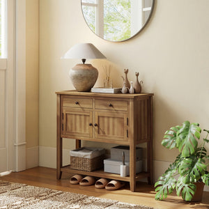 Mid-Century Console Table Wood Coffee Bar Buffet Sideboard with 2 Drawers-Walnut view 3