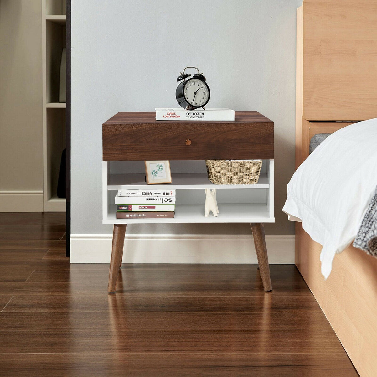 Mid-Century Nightstand with Drawer and Rubber Wood Legs view 2