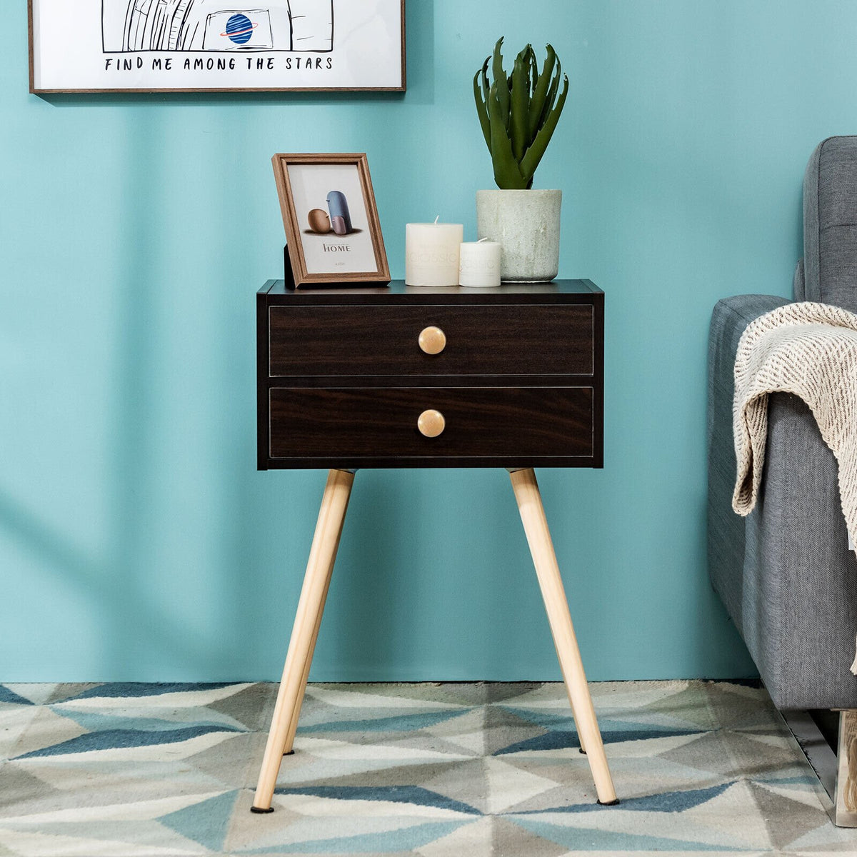 Mid Century Modern 2 Drawers Nightstand in Natural-Brown view 2
