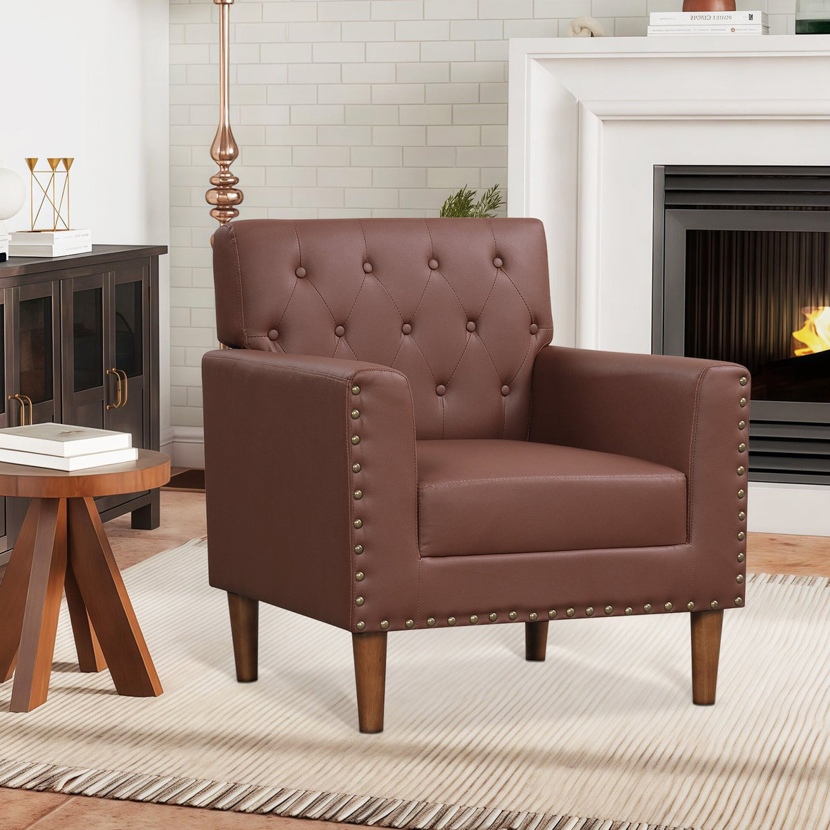 Mid Century Modern Accent Chair with Button Tufted Decoration and Rivets-Brown view 2