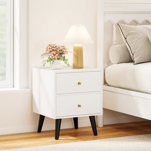 Mid Century Modern Bedside Table Nightstand with Golden Knobs and Raised Support Legs-White view 3