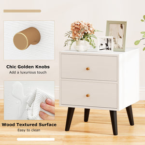 Mid Century Modern Bedside Table Nightstand with Golden Knobs and Raised Support Legs-White view 9