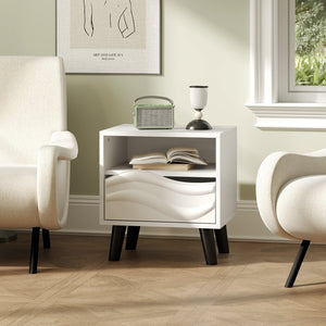 Nightstand Mid Century Modern Bedside Table with 3D Wavy Pattern and Open Shelf-White view 2