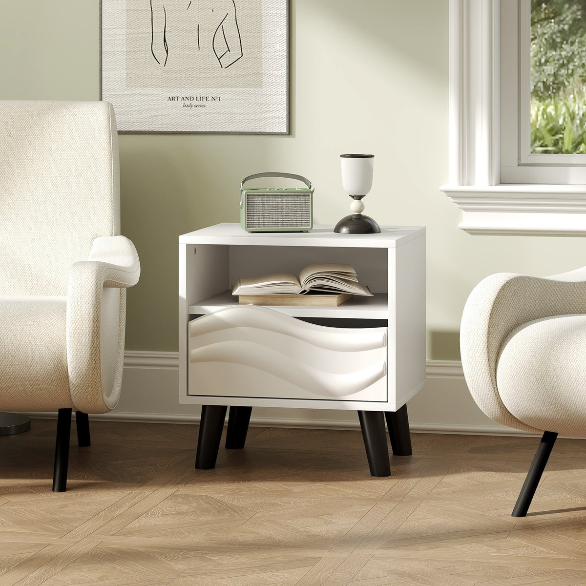 Nightstand Mid Century Modern Bedside Table with 3D Wavy Pattern and Open Shelf-White view 2