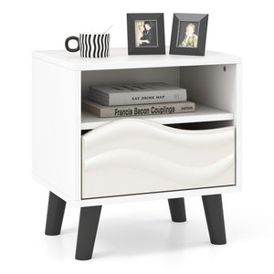 Nightstand Mid Century Modern Bedside Table with 3D Wavy Pattern and Open Shelf-White view 4