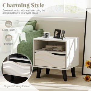 Nightstand Mid Century Modern Bedside Table with 3D Wavy Pattern and Open Shelf-White view 9