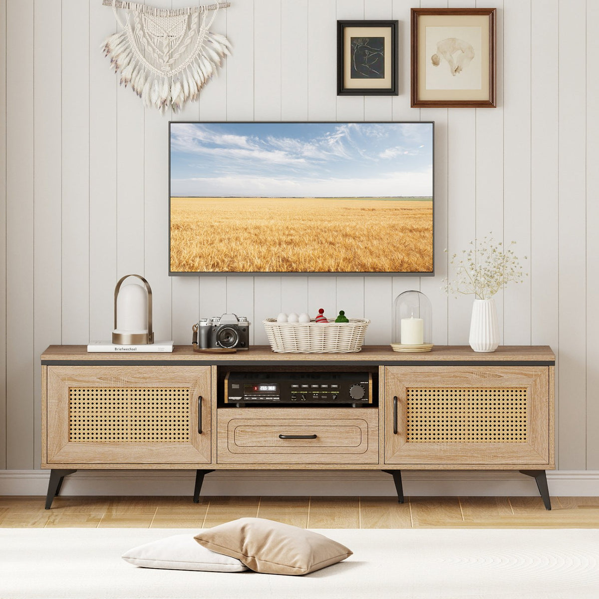 Mid Century Modern Entertainment Center with 2 Cabinets and Storage Drawer-Oak view 2