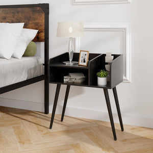 Mid Century Modern Nightstand, with Open Shelves-Black view 2