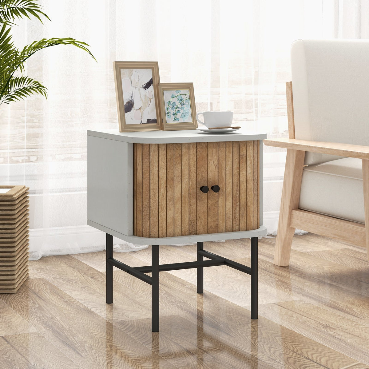 Mid-century Modern Nightstand with Sliding Doors and Storage Cabinet-White view 2