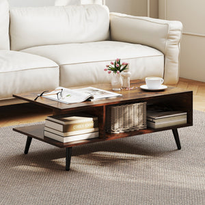 Mid Century Modern Rectangle Coffee Table 2-Tier Accent Table with 2 Open Compartments-Rustic Brown view 2