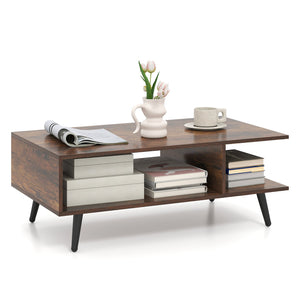 Mid Century Modern Rectangle Coffee Table 2-Tier Accent Table with 2 Open Compartments-Rustic Brown view 4