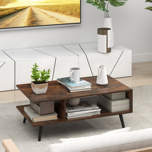 Mid Century Modern Rectangle Coffee Table 2-Tier Accent Table with 2 Open Compartments-Rustic Brown view 6