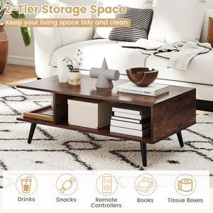 Mid Century Modern Rectangle Coffee Table 2-Tier Accent Table with 2 Open Compartments-Rustic Brown view 8