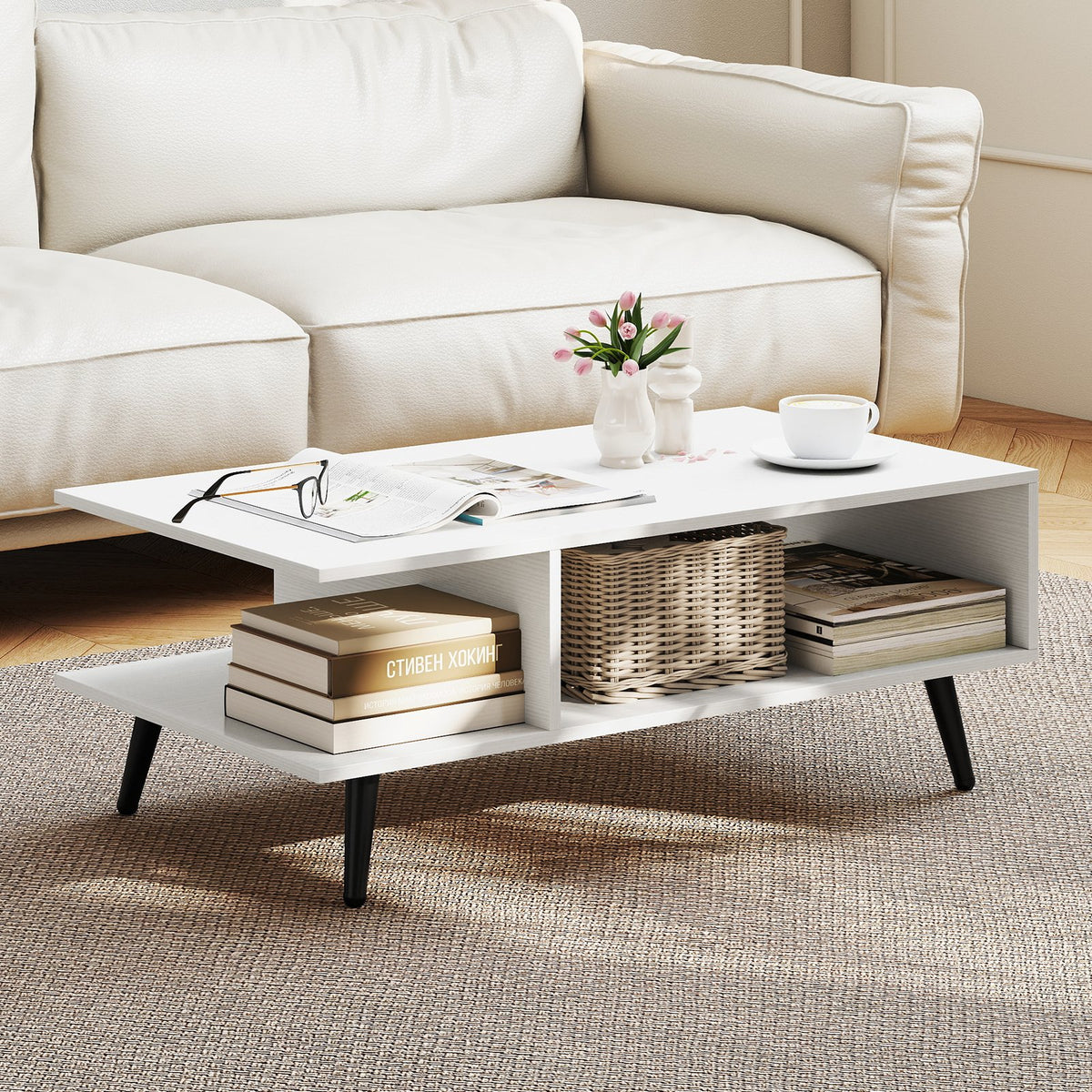 Mid Century Modern Rectangle Coffee Table 2-Tier Accent Table with 2 Open Compartments-White view 2