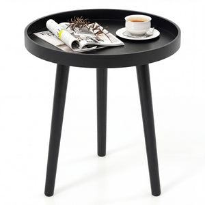 Mid Century Modern Round Side Sofa Coffee Table with Wooden Tray-Black