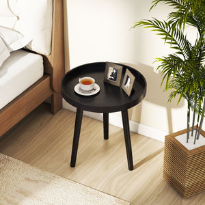 Mid Century Modern Round Side Sofa Coffee Table with Wooden Tray-Black view 3