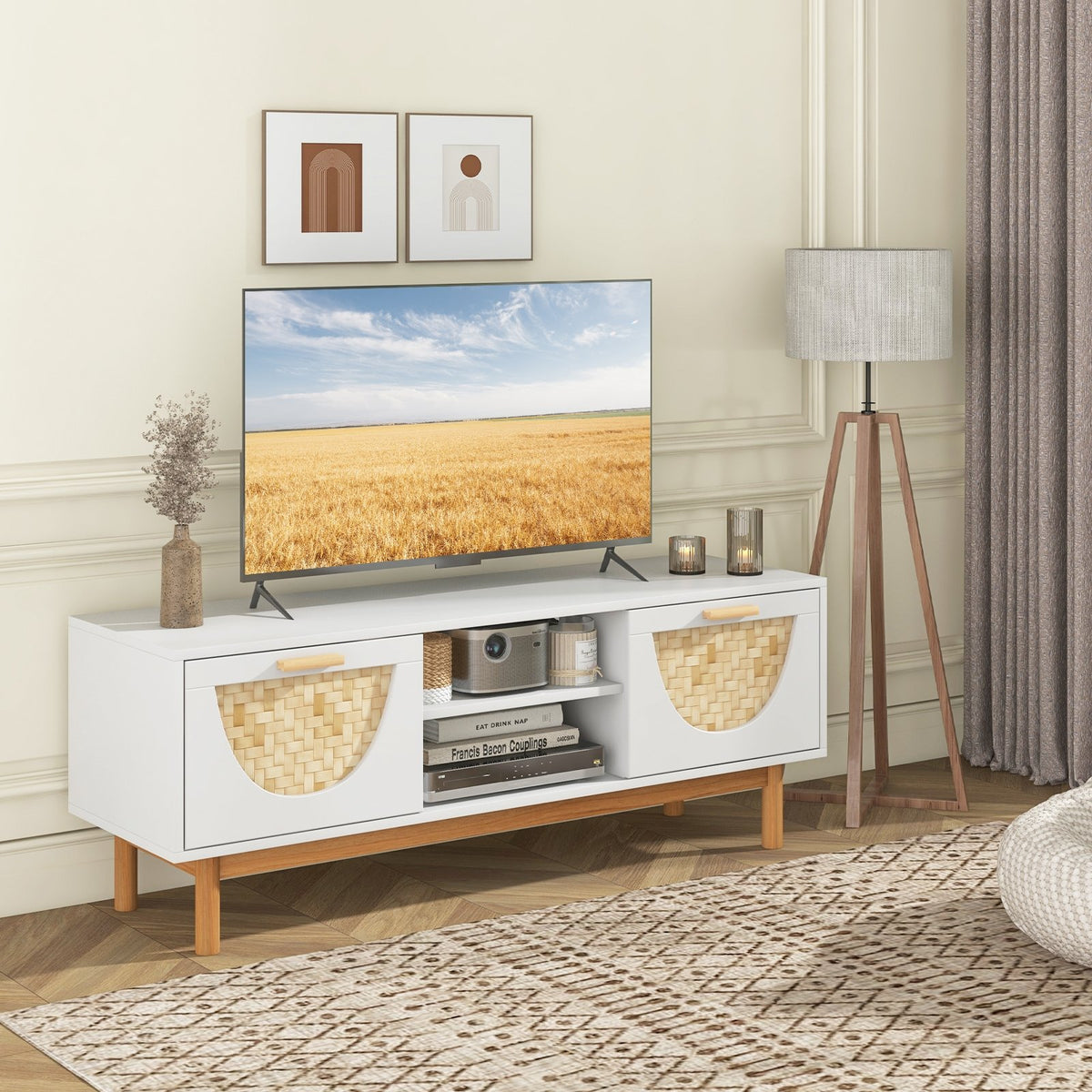 Mid Century Modern TV Stand Entertainment Center for 55-Inch TV with 2 Drawers and Bamboo Woven Fronts-White view 2