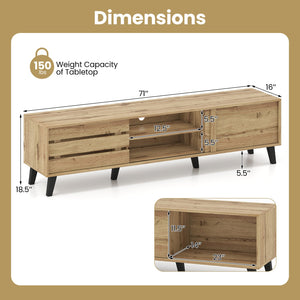 Mid Century Modern TV Stand for 80 Inch TVs with Sliding Door Cabinets and Storage Shelves-Oak view 5