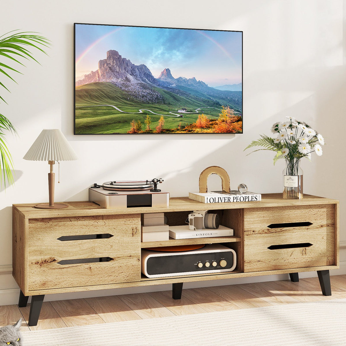 Mid Century Modern TV Stand with Sliding Doors and Cable Hole for 65 Inch TVs-Natural view 2