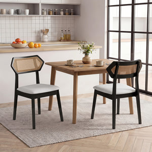 Mid Century Rattan Dining Chairs Set of 2 with Rattan Back and Solid Wood Frame-Black view 2