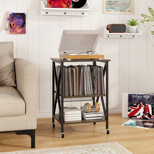Mid-Century Record Player Stand with Built-in Charging Station-Gray view 2