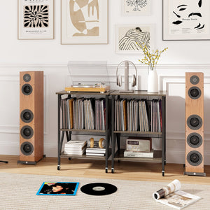 Mid-Century Record Player Stand with Built-in Charging Station-Gray view 3