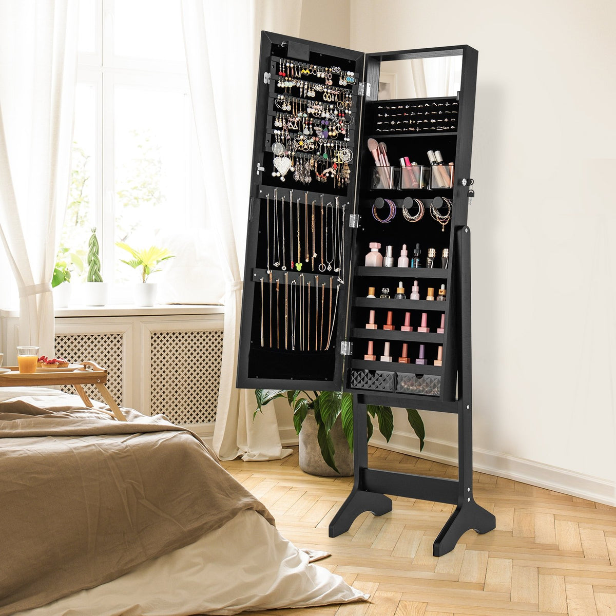 Mirror Jewelry Cabinet with 20 Warm Lights and 4 Tilt Angles-Black view 2