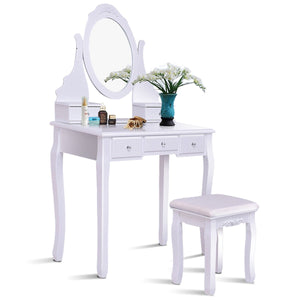 Wooden Vanity Set with 360° Rotating Oval Mirror and Cushioned Stool-White view 3