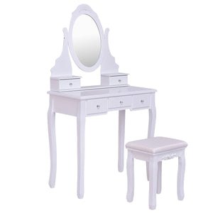 Wooden Vanity Set with 360° Rotating Oval Mirror and Cushioned Stool-White view 5